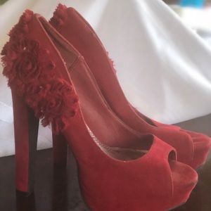 Red velvet heels peep toe